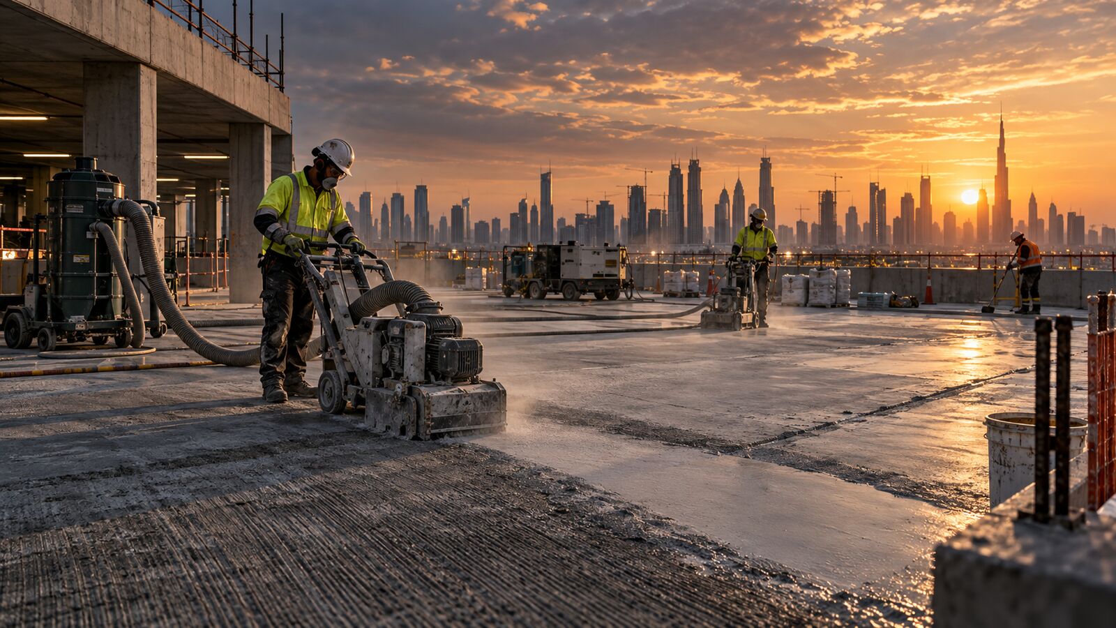 Site crew in full PPE running concrete grinders with dust extraction