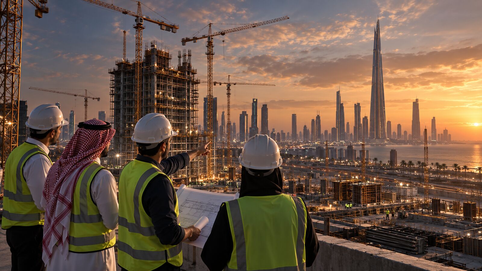 Engineers in hard hats reviewing drawings on a rooftop overlooking an active construction site